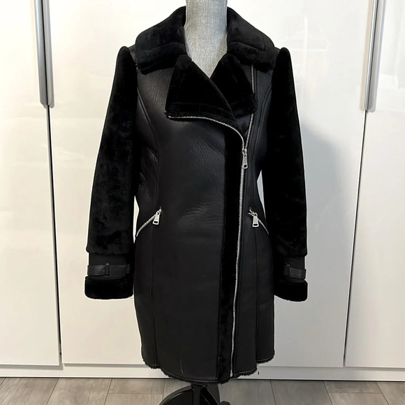 DKNY Wool Faux Fur Long Coat Zipper Closure,  Size S - Picture 1 of 14